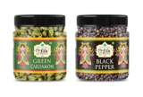 Lila Dry Fruits Elite Aroma Whole Cardamom Green Big 8Mm Bolt & Black Pepper Combo 50Geach (100Gms Total) Jar Pack| Grown In India | Exotic Hari Elaichi & Kali Mirchi Combo | Authentic Export Quality