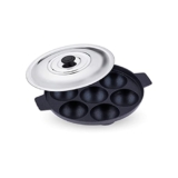 Attro Non-Stick Heavy Duty 7 Cavity Aluminium Appam Patra Paniyarakkal With Two Side Handle, Steel Lid & Wooden Picker (Black)