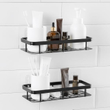 Amazon Basics Self-Adhesive Aluminium Bathroom Wall Shelf | Water-Resistant | Pack of 2 | Tool-Free Installation | Black | 30D x 13W x 5.5H cm